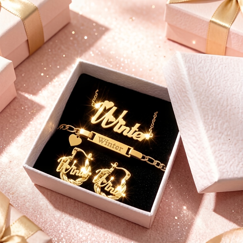 TEMU 3pcs Custom Name Jewelry Set Personalized Name Earrings/ Bracele/ Necklace Set Customized Nameplate Jewelry Set Ideal Gift For Halloween,