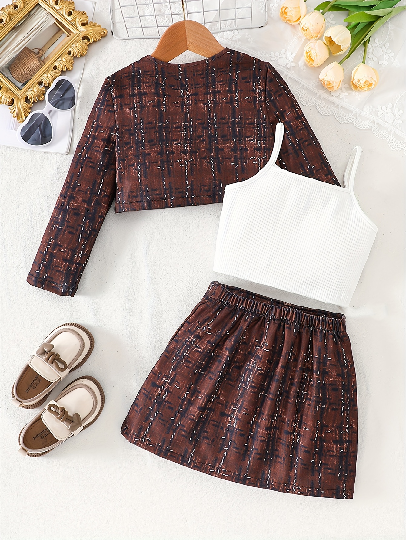 3pcs girls spring autumn set lightweight knit button up long sleeve jacket stretchy camisole   skirt for girls aged 3 8 suitable for outdoor wear Product details 6