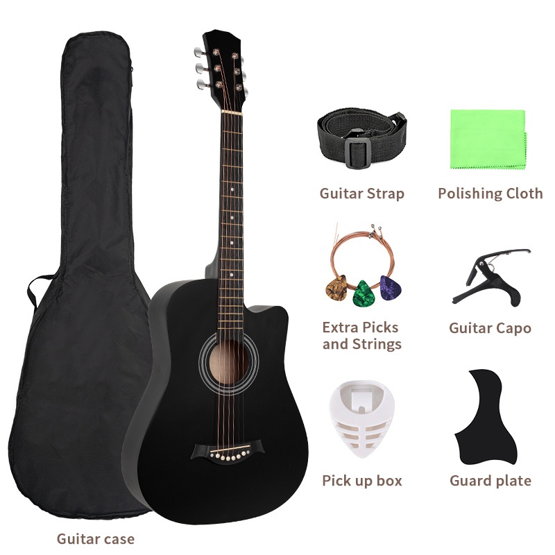E-shop 38-Zoll Akustikgitarren-Starterpaket für Anfänger – Inklusive Gitarrentasche, Capo, verstellbarem Gurt, Plektren (zufällige Farben), Saiten,