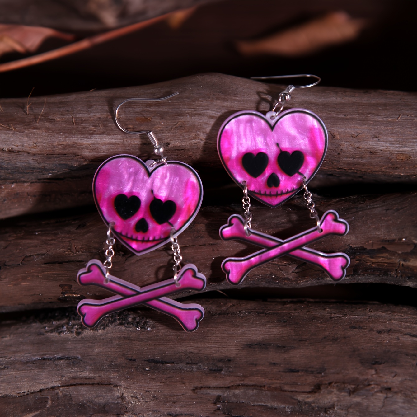 TEMU Boucles d'oreilles pendantes en acrylique brillant faites à , boucles d'oreilles chaîne cœur rose pour femmes, bijoux de fête d'Halloween