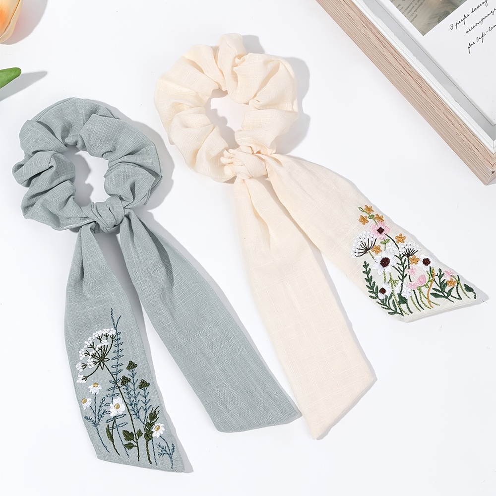TEMU 2pcs Hair Ties For Women Mini Embroidery Flower With Long Tassels Hair Hair Accessories For , Gifts