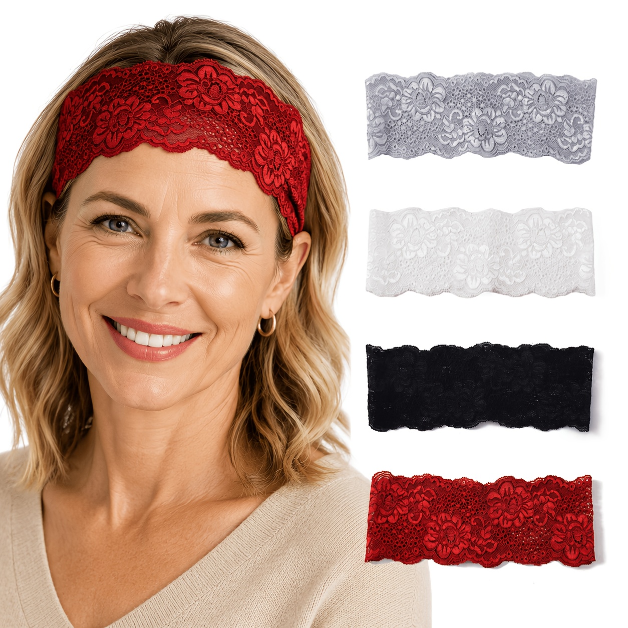TEMU 4pcs Lace Headbands For Women, Western Retro Hollow Headbands, Fashionable Elegant Women's Headwear, Exquisite Floral Lace Design, Lightweight