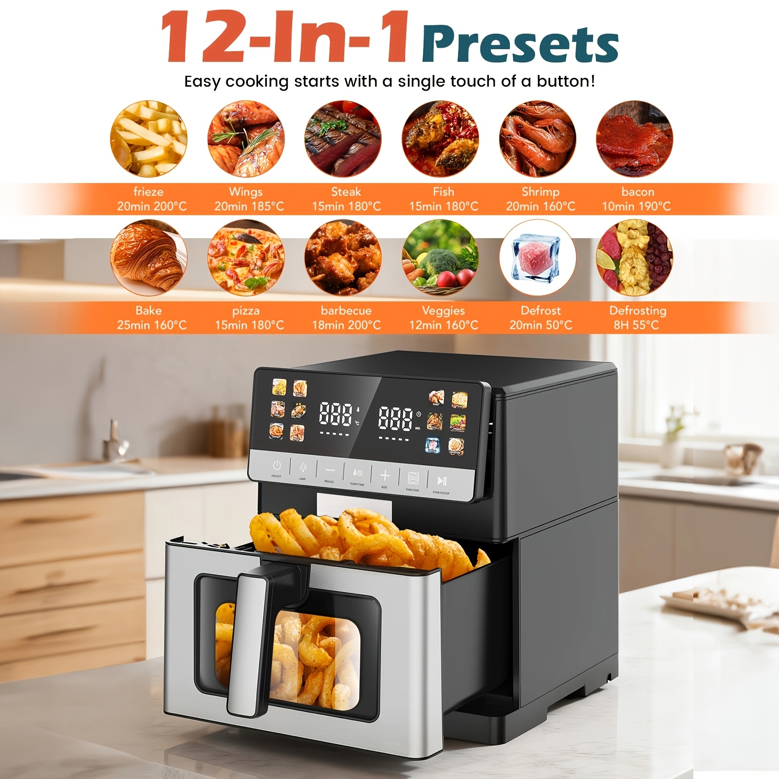 Image of Xxl Air Fryer 10 L, 12-in-1 Hot Air Fryer Oven With Color Lcd Display Touchscreen, Air Fryer Toaster Oven Combo With Easy View Windows, , Roast, Dehydrate, Bake, Silvery
