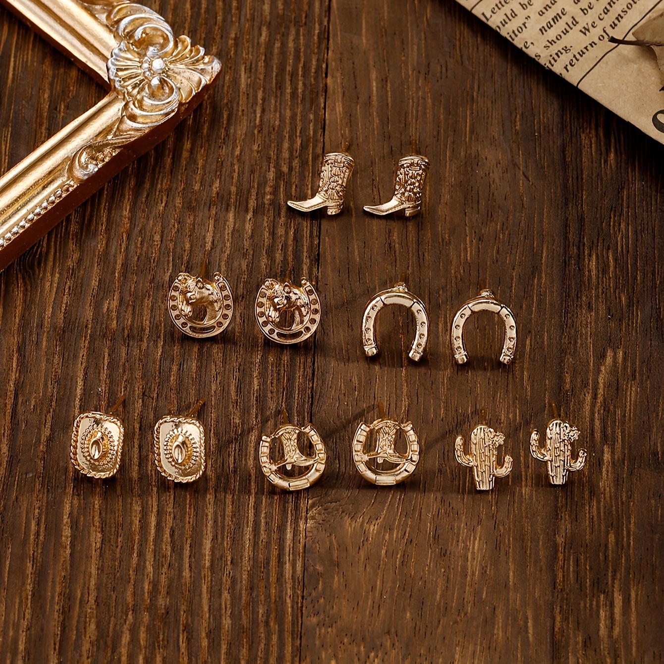 Image of 6 Pairs Of Vintage Western-style Hats And Cowboy Boots With Golden Textures, Cactus Earrings For Ladies, A Holiday Gift For Daily Use.