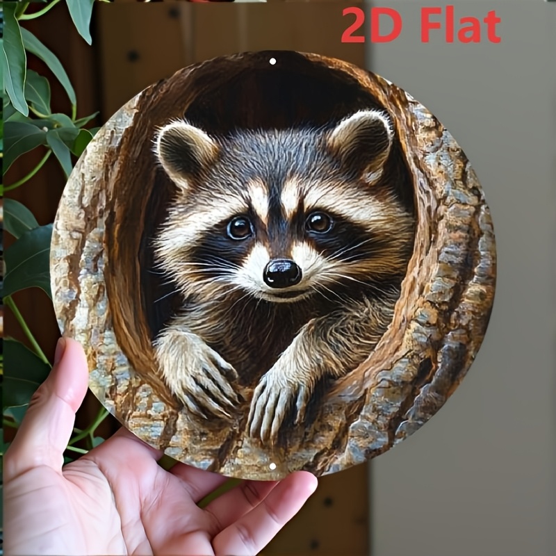 TEMU 2d Flat Raccoon In Tree Hollow Aluminum Sign - 8x8 Inch Multipurpose Wall Hanging Decor, English Language, Waterproof And Durable Metal Plaque