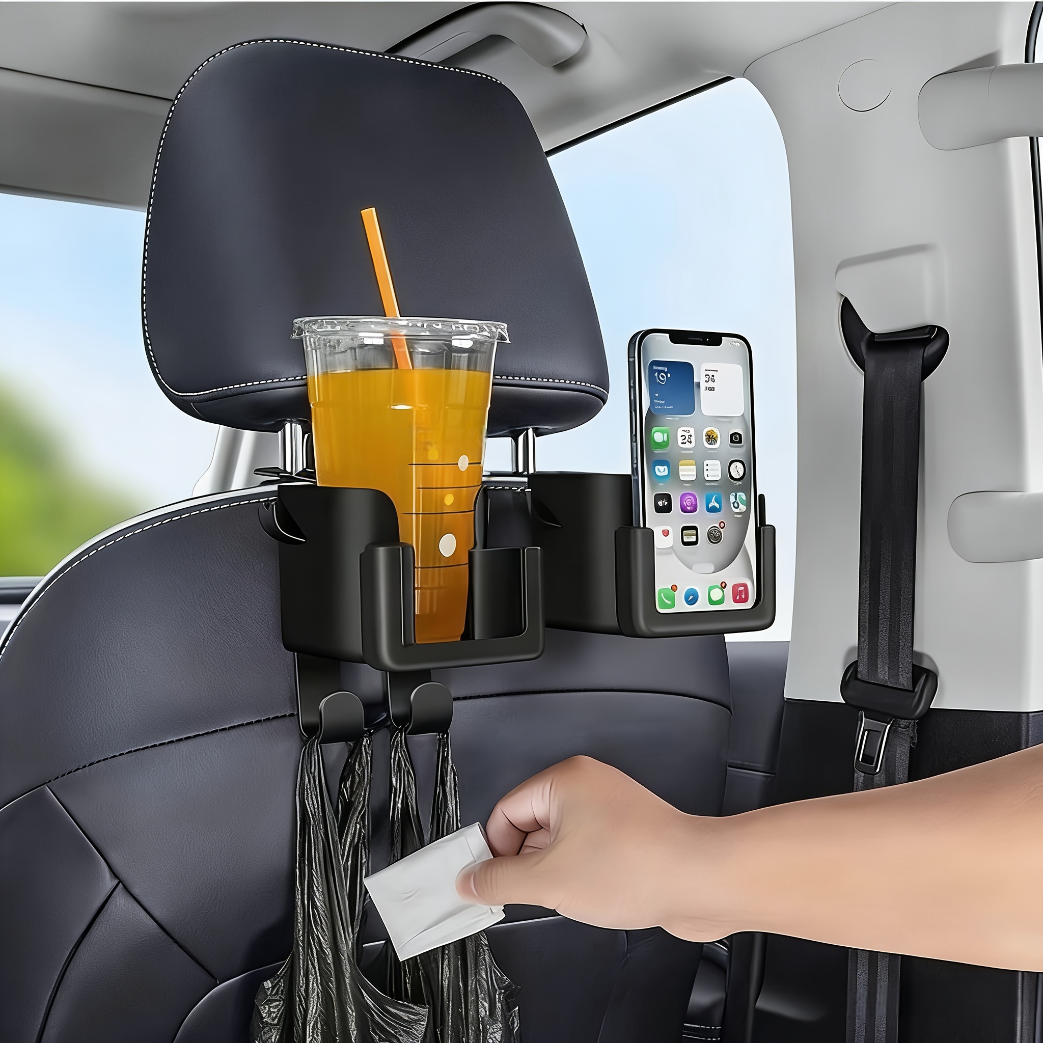 set of 2 versatile car seat back organizers featuring a cup holder phone holder and hook compatible with most vehicle models   of holding water bottles milk tea bags trash bags and glasses designed for car storage