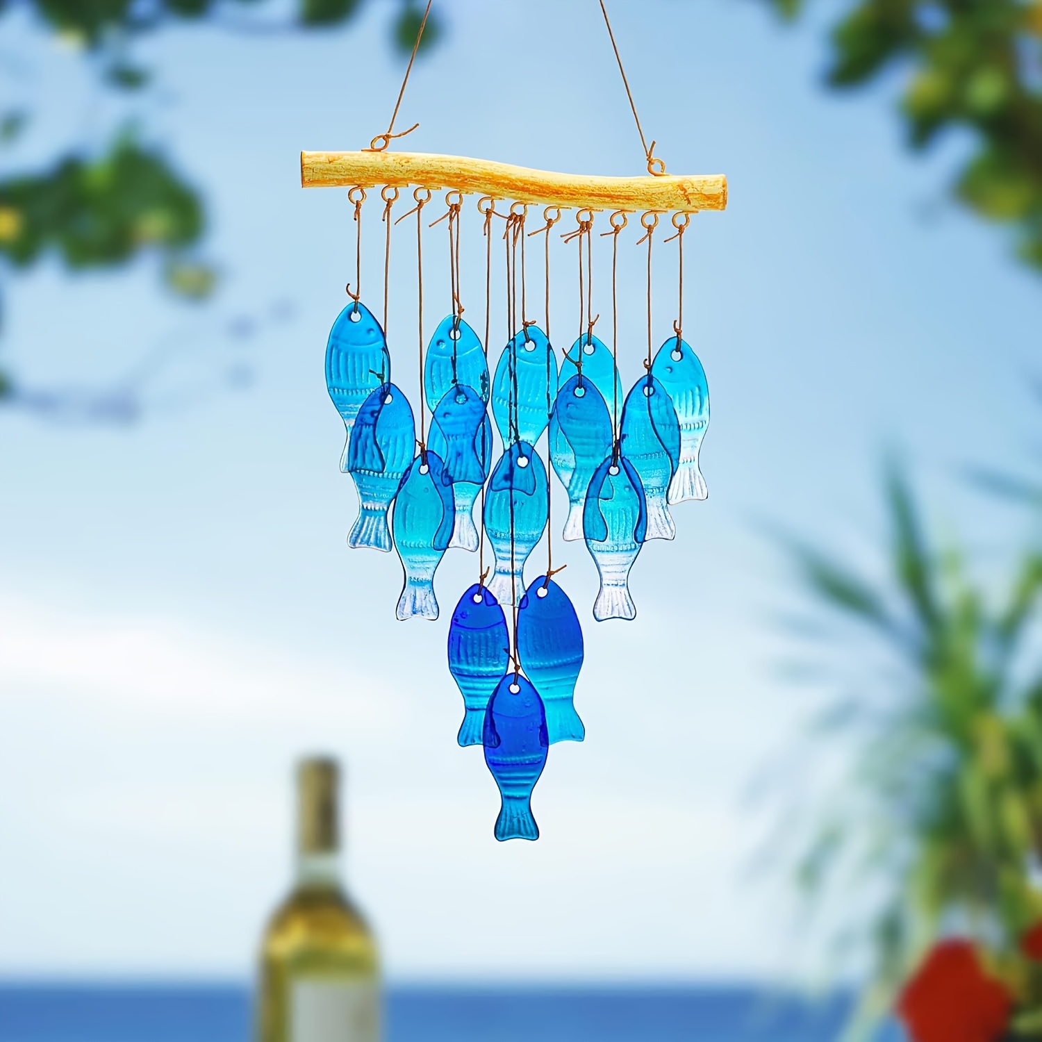 TEMU 23" Blue Glass Chimes, Glass Wind Chimes For Outside, Handcrafted Fish Wind Chimes, Large Glass Wind Chimes For Beach Party, Wedding Decor