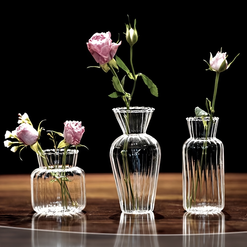 Set Of 3 Small Handmade Clear Glass Bud Vases: Adorable Mini Flower Centerpieces For Home Decoration, Perfect For Wedding Receptions And Dining Tables With Single Rose Arrangements