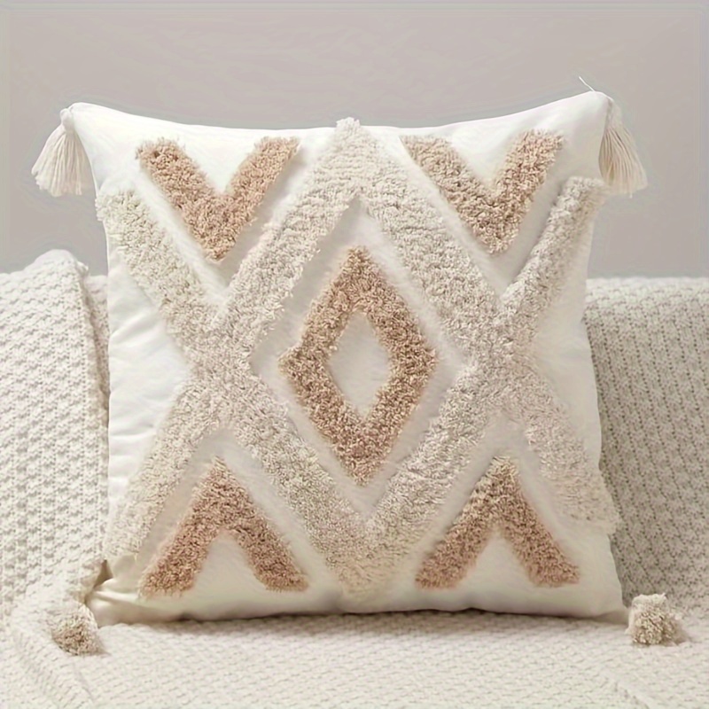 Image of 1pc Nordic Bohemian Style Geometric Tufted Cushion With Tassels, Lumbar Pillow For Sofa, Couch, Bedroom, Living Room (pillow Insert Not Included)