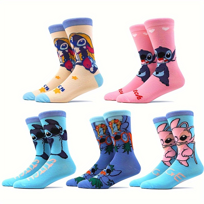 

5 Pairs Of Unisex Cotton Fashion Novelty Socks, Funny Cartoon Stitch Patterned Men Women Gift Socks, For Outdoor Wearing & All Seasons Wearing