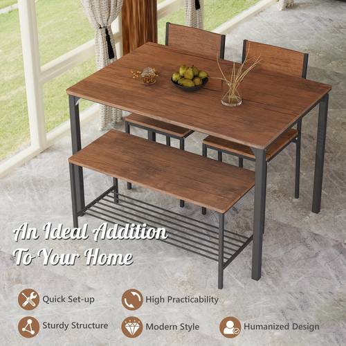 4pcs dining table set rustic desk 2 chairs bench rack brown