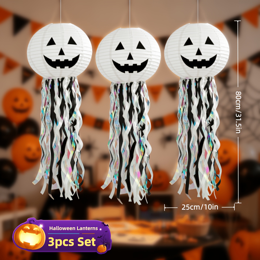Image of Halloween Jellyfish Paper Lanterns 3-pack, Pumpkin Face Hanging Ornaments With Black White Iridescent Curly Streamers, Indoor Outdoor Halloween Party Yard Window Home Hanging Decorations