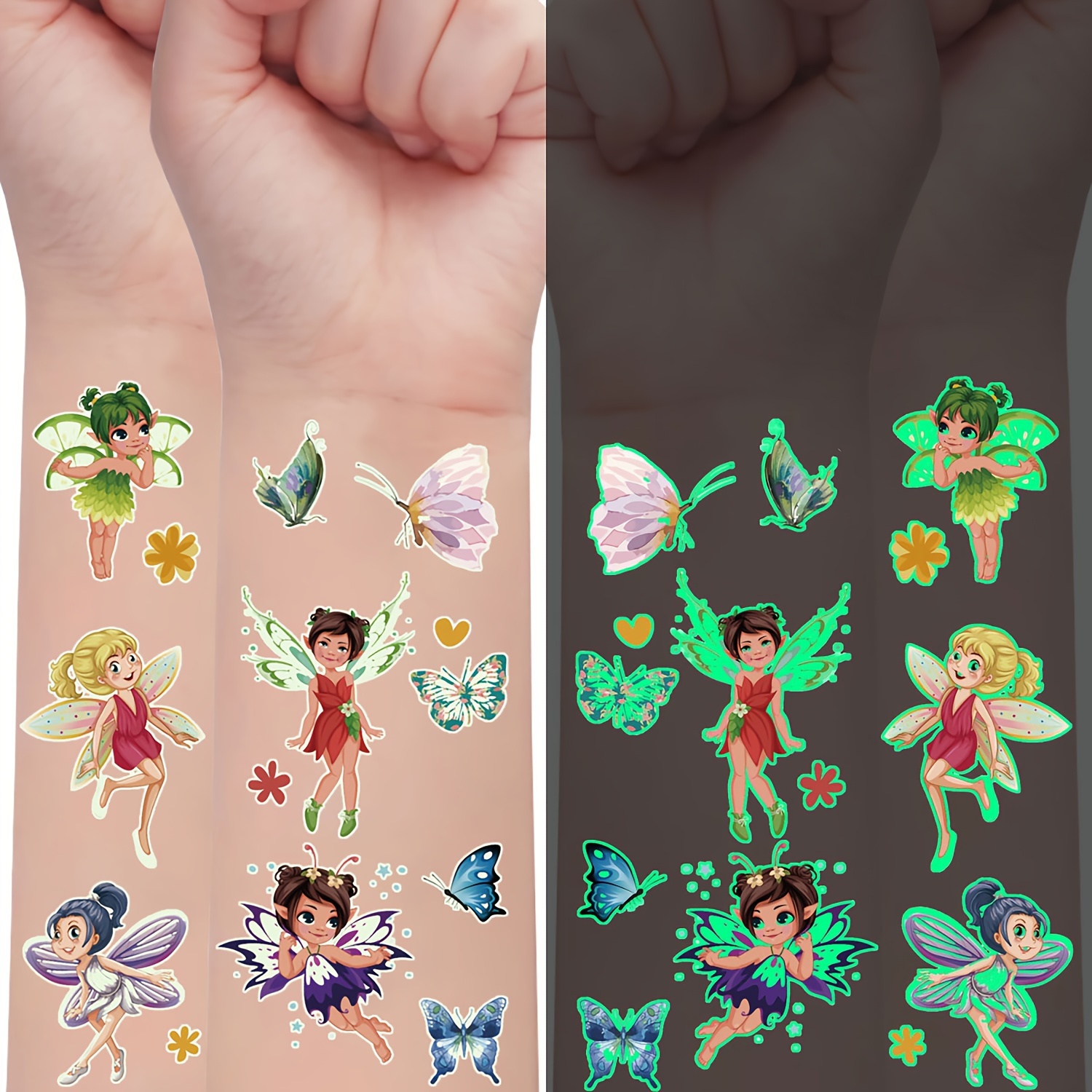 

110-piece Glow In The Dark Temporary Tattoos Set With Colorful Butterfly, Fairy, And Designs - Waterproof Fun Dress-up Stickers Perfect For Girls Birthday Party Gifts