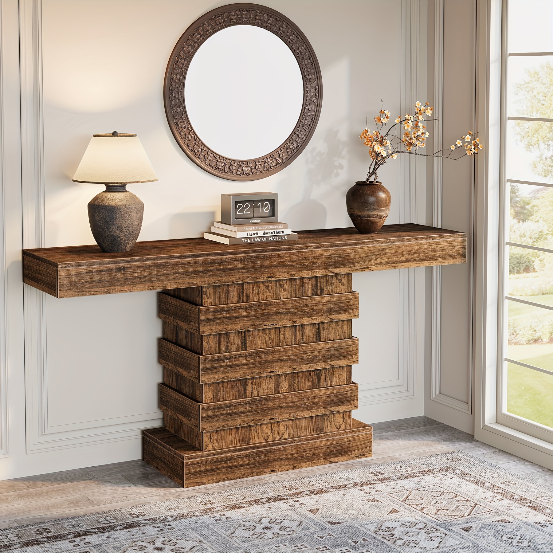 63 Inch Rustic Brown Wooden Console Table Farmhouse Style Narrow Entryway Table with 2 Open Compartments 4 Drawers Hallway Foyer or Living Room Accent