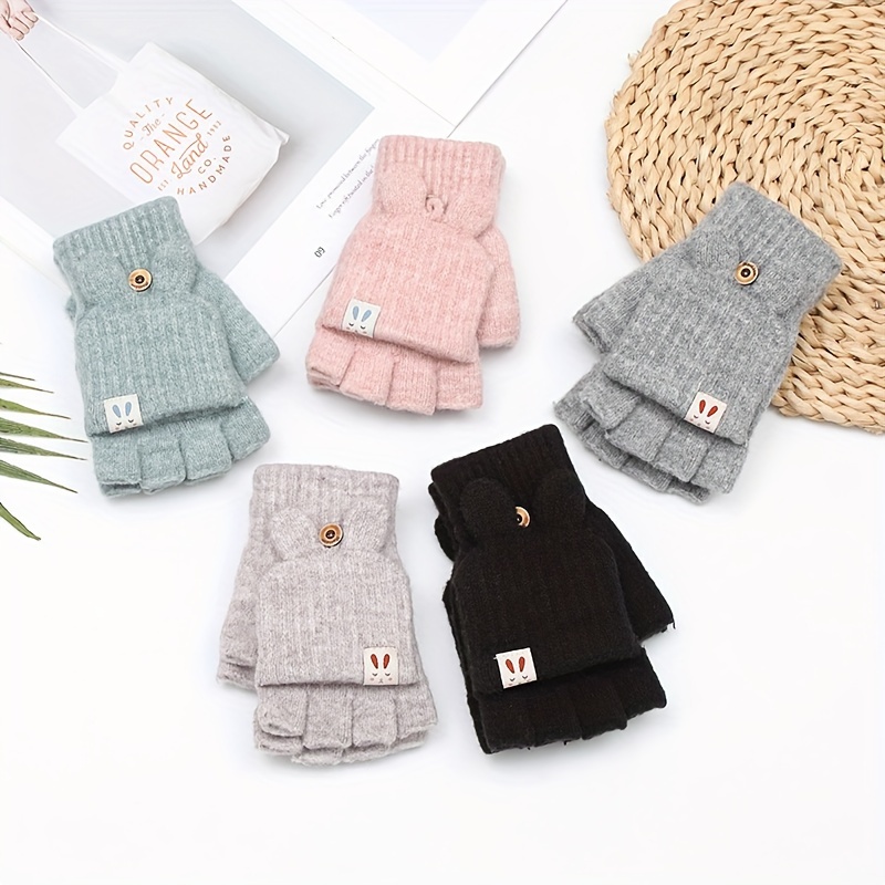 

Chic Women's Knit Gloves - Warm Imitation Cashmere, Touchscreen-compatible, Windproof With Bunny Jacquard Design For Autumn & Winter