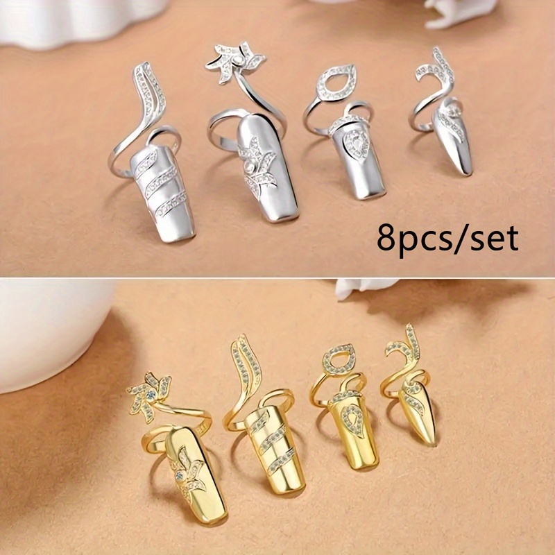 TEMU 8pcs/set Of Women's Nails Rings Fingertip Rings Silvery Open Rings Nails Decoration Nails Protection Nails