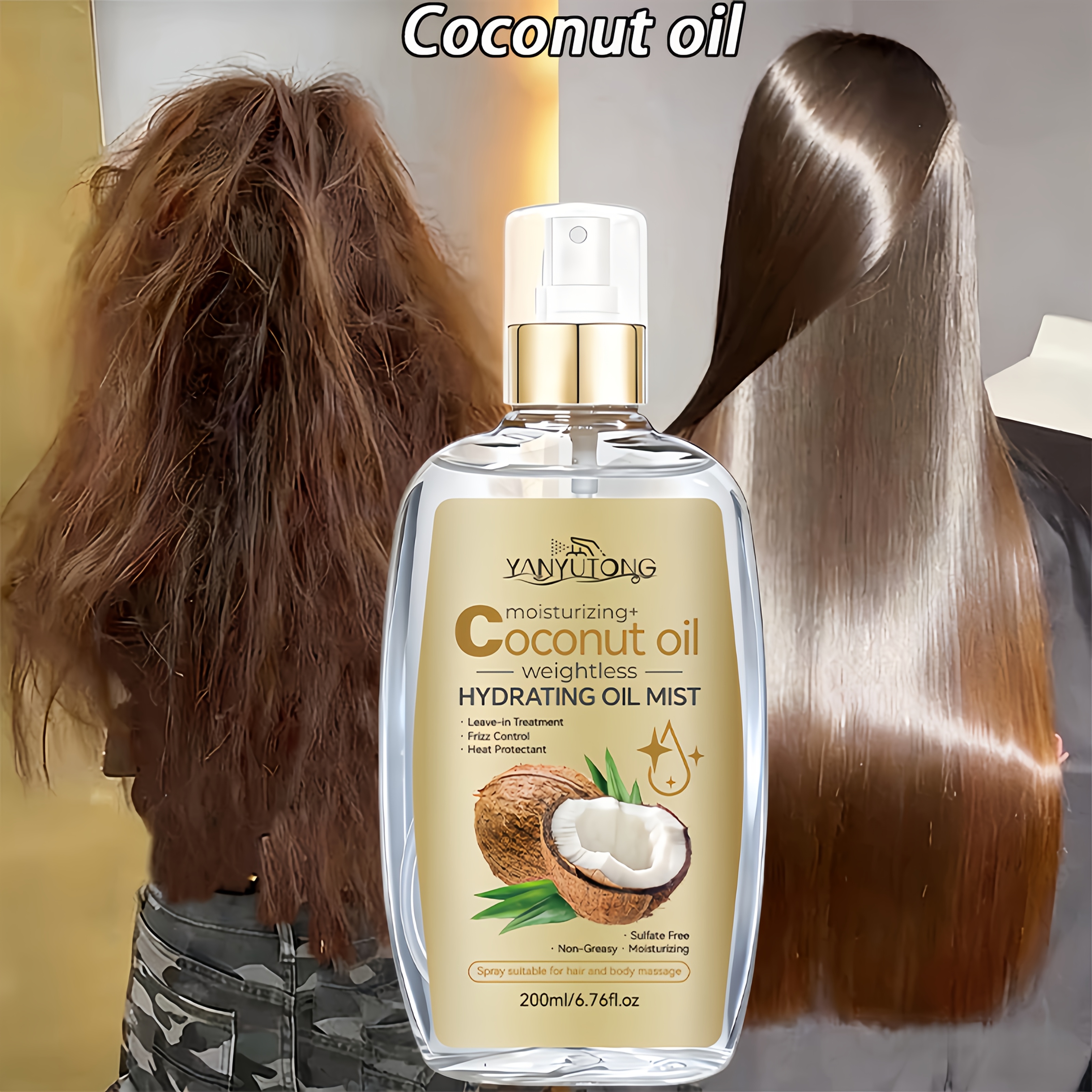 TEMU In , With Improvement In 1 Month - Coconut Oil Spray, Cold-pressed, Tame Frizz Instantly, Non-greasy And Non-sticky, Smoothens Hair, Restores Healthy Shine, Care, Nourishes Dry And Frizzy Hair