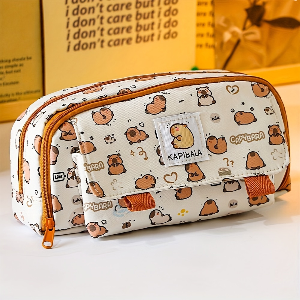 TEMU Kapibala Capybara Pencil Case: Large Capacity, Multi-layer, Canvas, Desk Organizer - Office Supplies