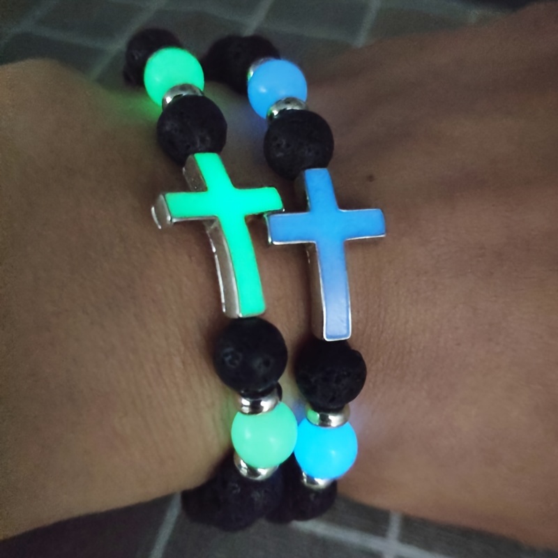 

1pc Night Glow Retro Cross Bracelet, Multi Color Glowing Cross Bead Jewelry For Men Women