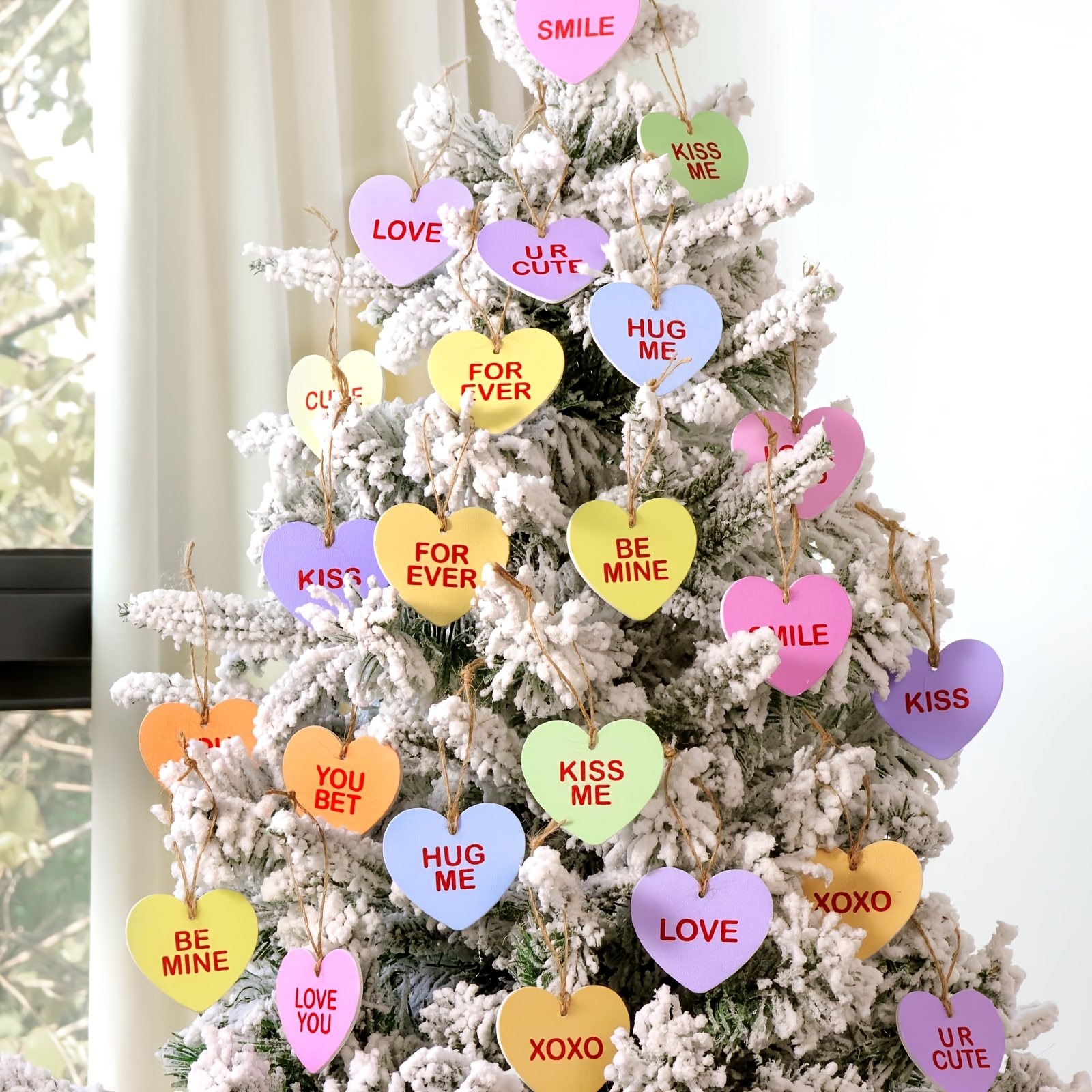 

12-pack Wooden Candy Heart Ornaments, Valentine's Day Hanging Decorations, Assorted Love & Messages, No Battery Required, Featherless, For Home, Wedding, Table & Wall Decor