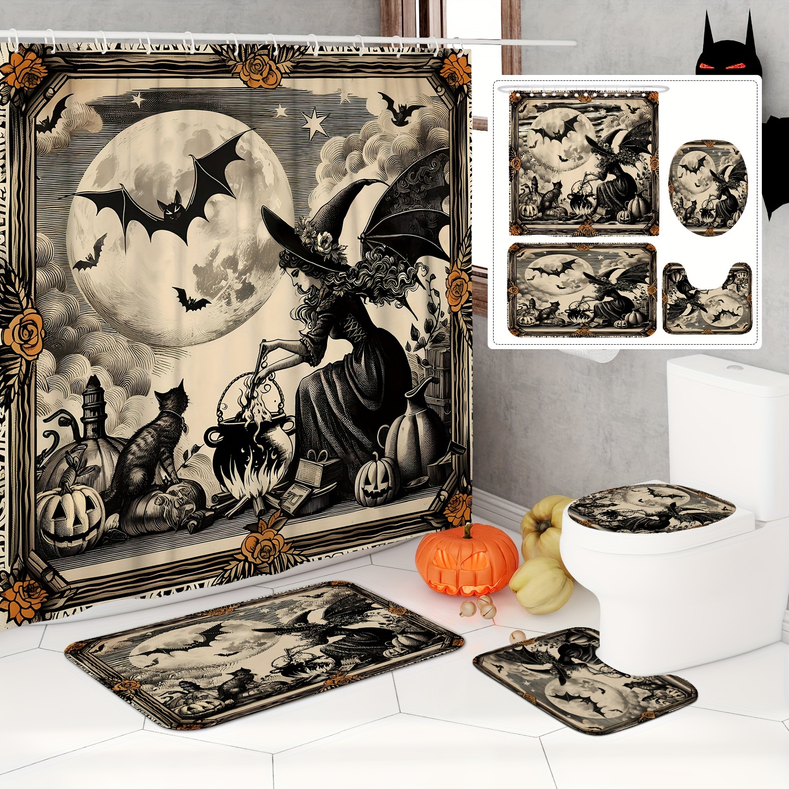 

Spooky Shower Curtain Set - 1/4 Pcs, Witch & Black Cat Design, Waterproof Polyester, Includes Non-slip Bath Mat, U-shaped Toilet Lid Cover, And 12 Hooks - Perfect For Bathroom Decor