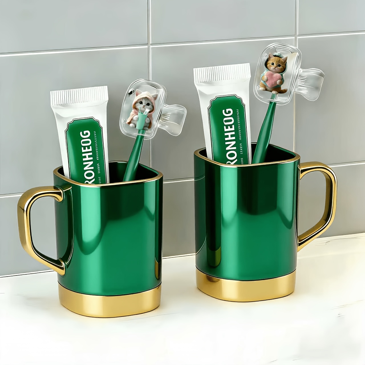 TEMU 2pcs Portable Combination Set Of Cat Patterned Toothbrush Holders With Toiletries, Suitable For Home And Travel Use. Travel Brush Holders Are