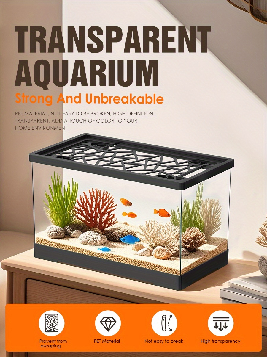 Aquarium Fish Tank Set, Includes a Covered Transparent Square Fish Tank, Fishing Net, Artificial Aquatic Plants, And Colorful Stones, Suitable for Keeping Goldfish, Bettas, Shrimp, Turtles, Hermit Crabs, And Aquatic Plants