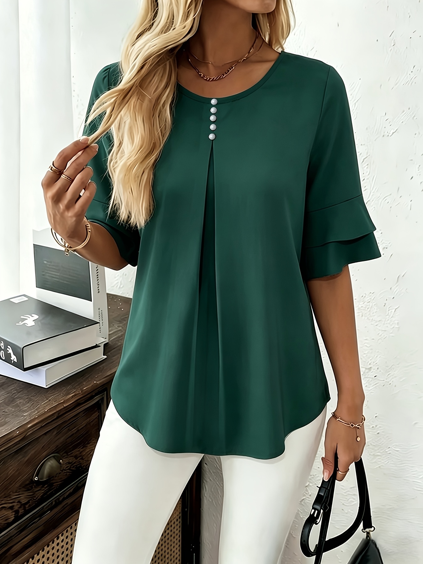 Elegant Flared Sleeve Shirt, Summer Loose Solid Round Neck Top