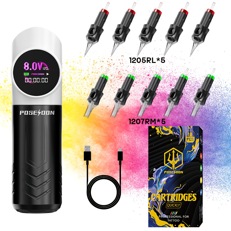 Poseidon Tattoo Machine Kit Rotary Machine Set | 10pcs Tattoo Cartridges Needles, Led Display, Usb Charging, Brushed Motor,, For Beginners And