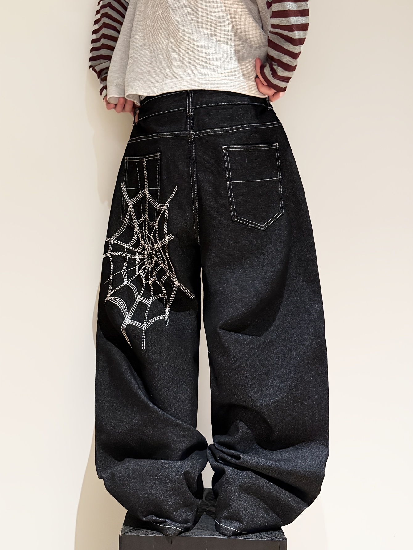 1pc y2k gothic web embroidered jeans men black wide - Temu 1pc y2k gothic web embroidered jeans men black wide - Temu