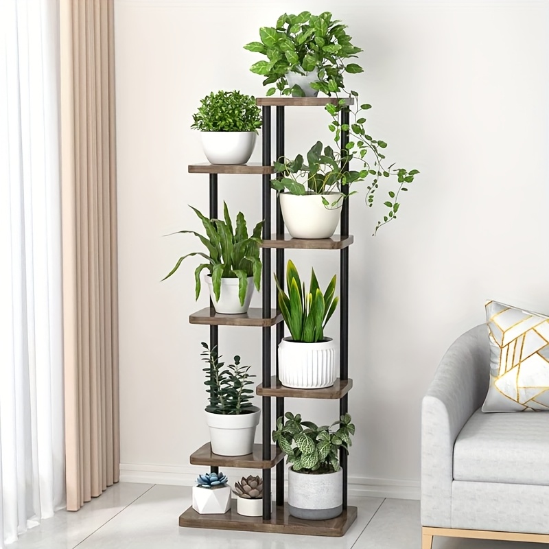 7-Tier Metal & Wood Plant Stand Indoor/Outdoor - Contemporary Space-Saving Corner Design, Sturdy Multi-Tier Flower Pot Display Rack for Living Room, Balcony, Garden - Black &  , Plant Decor, Balcony Organizer, Modern Aesthetic, Sturdy Construction