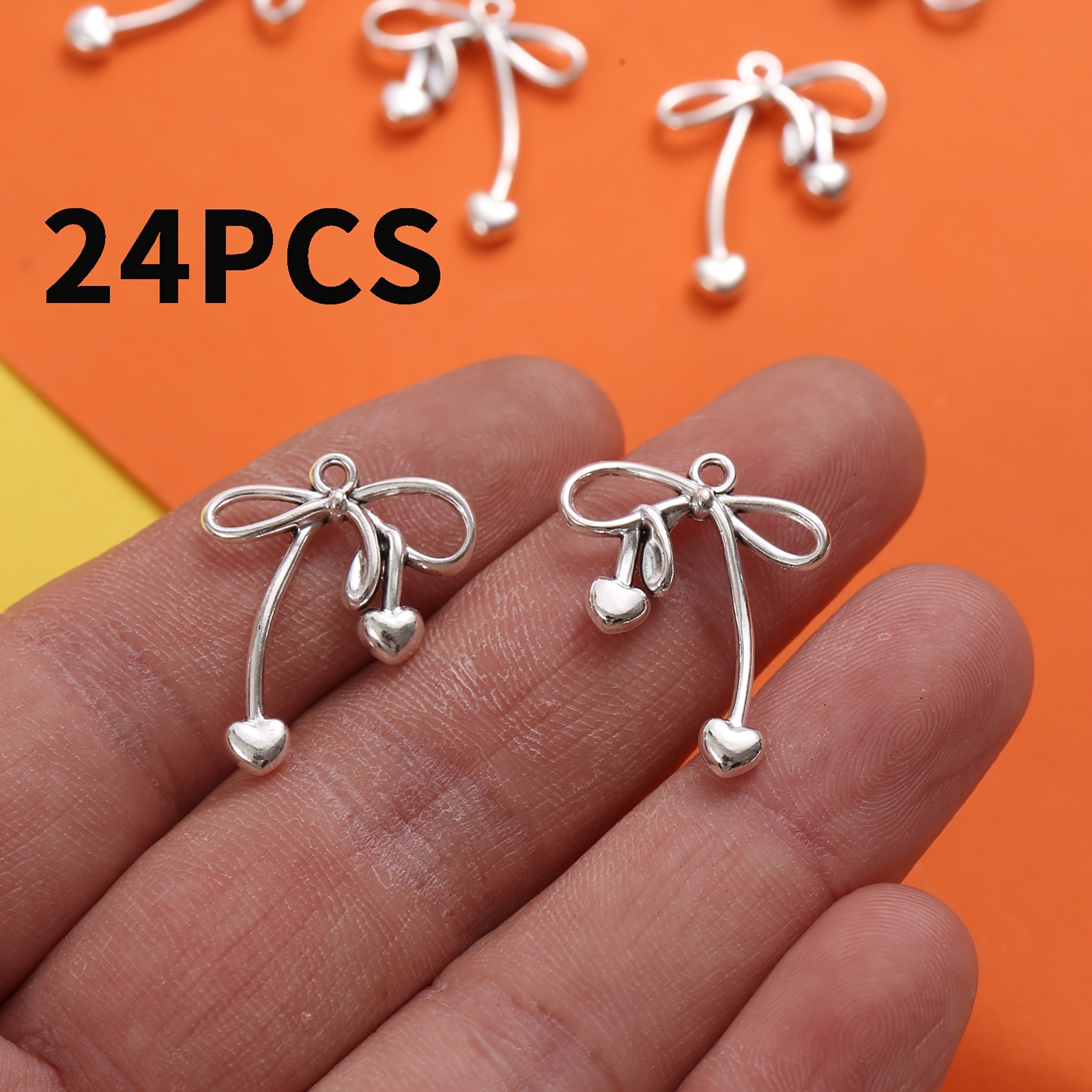 Image of 24pcs Vintage Bow & Heart Charms - Bow-shaped & Dangling Heart Pendants Suitable For Diy Making, Craft Supplies, Wedding Decorations, Resin/ Accessories With Hanging Loop For Stringing