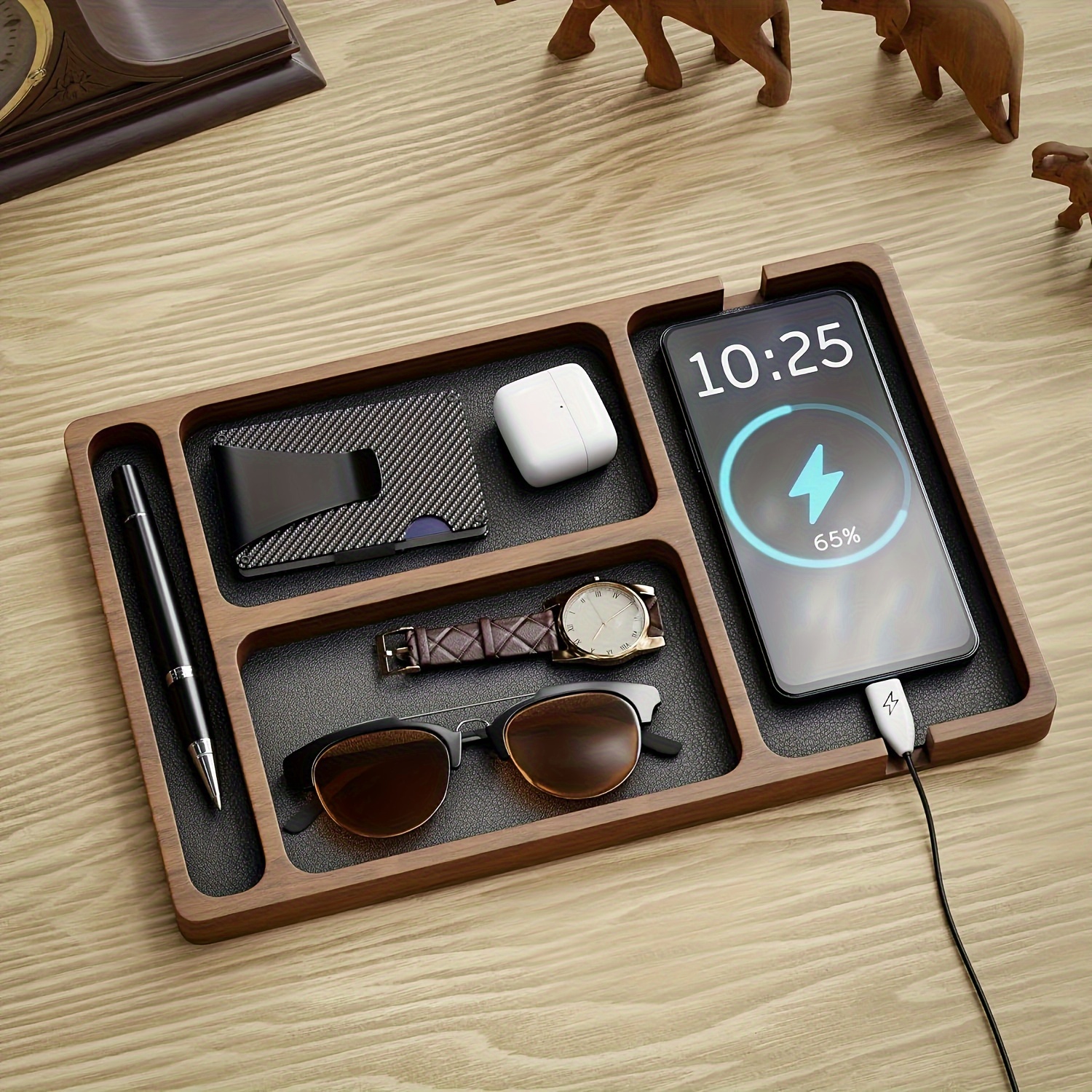Premium Men'S Wooden Valet Tray with Leather Lining
