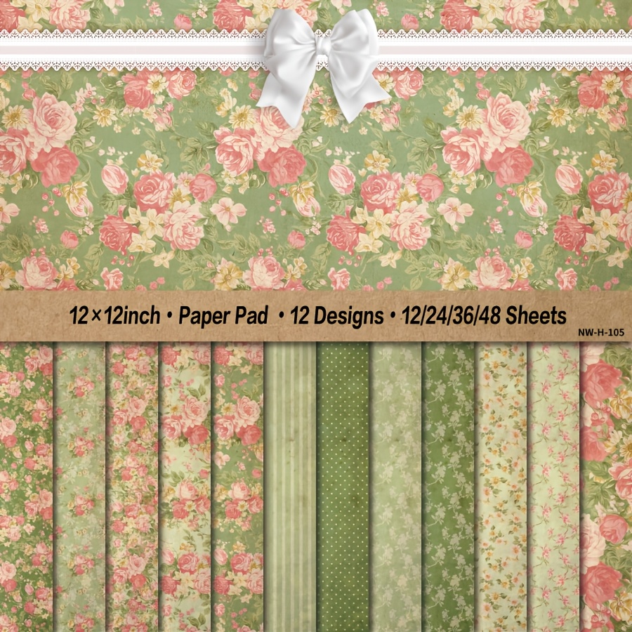 

Vintage Floral And Stripes Paper Pad - 12x12 Inch, 12/24/36/48 Sheets, Art Craft Pattern Paper For Scrapbooking, Card Making, Diy Decorative Background Cardstock Supplies