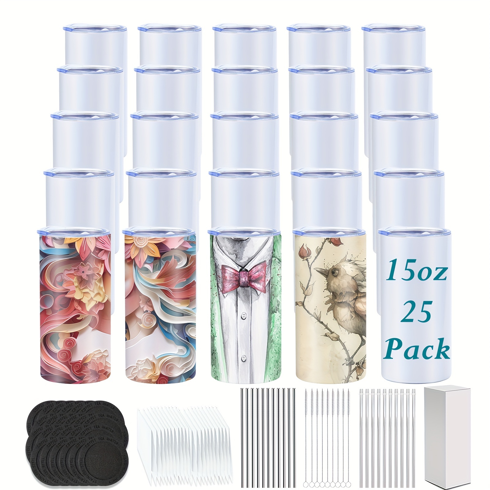 

25pcs, 15oz Skinny Sublimation Tumblers, With Optional Accessories, Stainless Steel Double Wall Insulated Cup, Polymer Coating For Heat Transfer