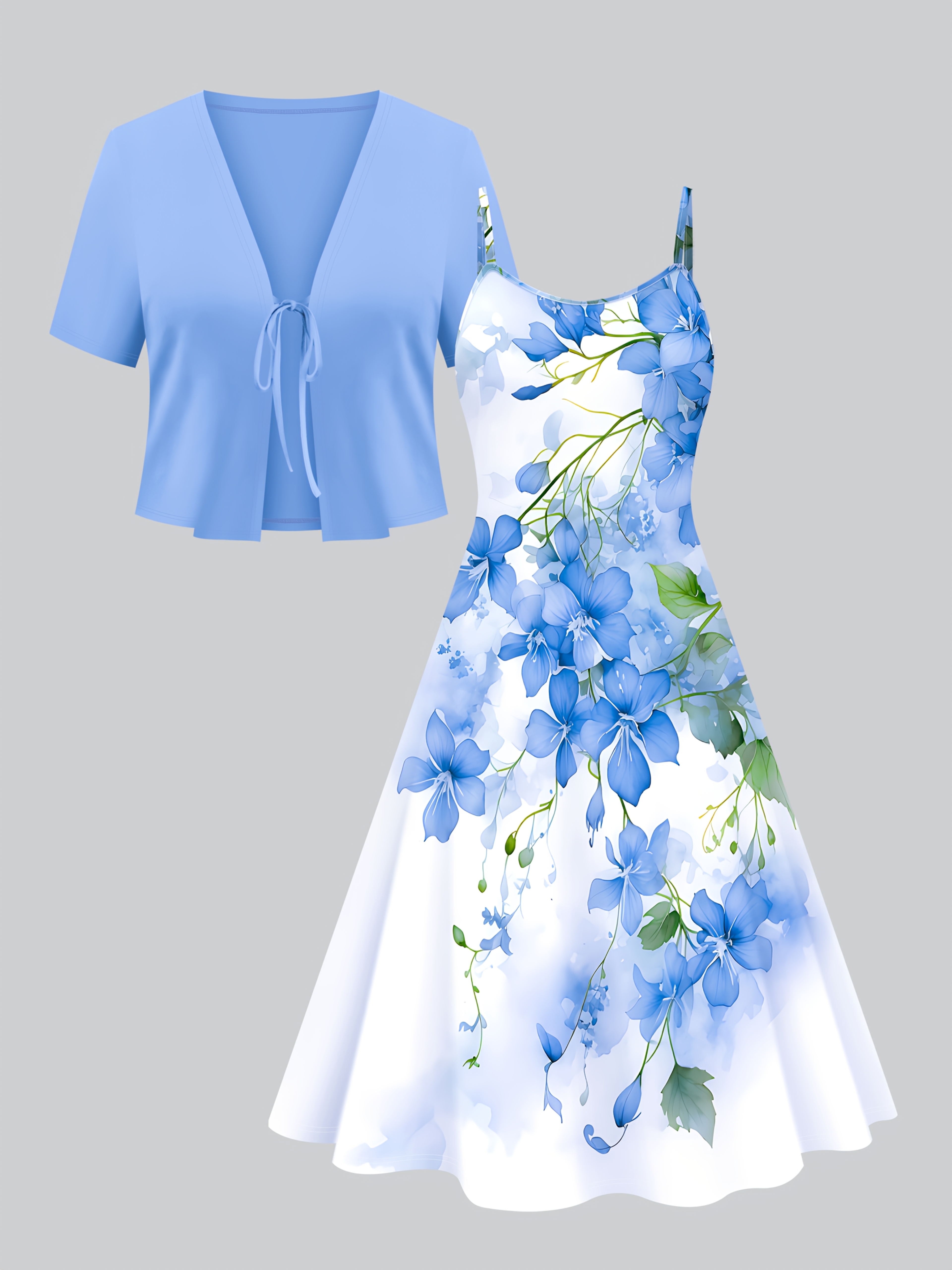 womens elegant set solid color lace up short sleeve top and floral printed suspender dress two piece set