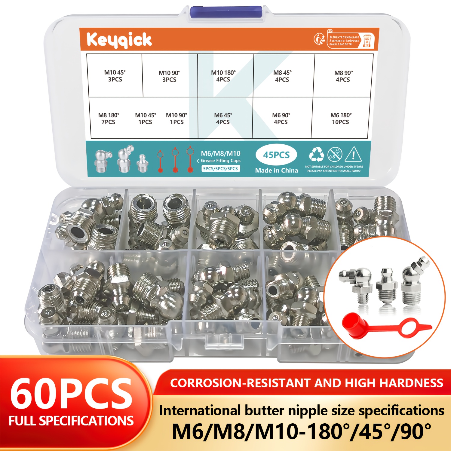TEMU Kit combinado de tamaño completo de 45 90 180, 60 piezas (incluyendo 45 boquillas tapas de boquilla), M6 M8 M10, utilizado para juntas de grasa