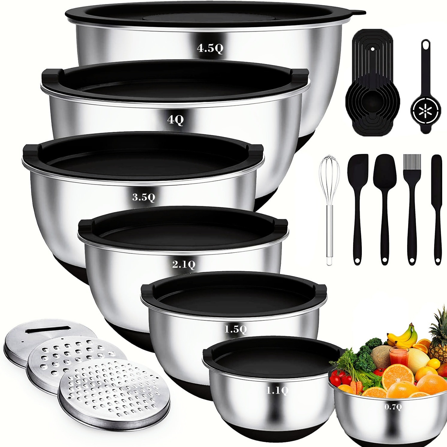 E-shop Diese Kollektion umfasst 21 Salatschüsseln mit Deckel, 7 Edelstahl-Rührschüsseln, 3 zusätzliche Rührschüsseln, 6 Messlöffel und 5 praktische