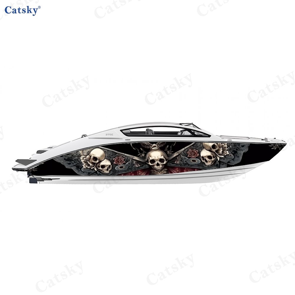 2-Pack Gothic Style Skull Wing Floral Boat Decals, Scratch-Resistant Stickers
