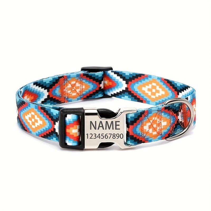 TEMU 1pc Personalized Ethnic Striped Forest Pattern Dog Collar With Engraved And Owner , Customizable Id Tag For Small To Medium/large Dogs - Durable