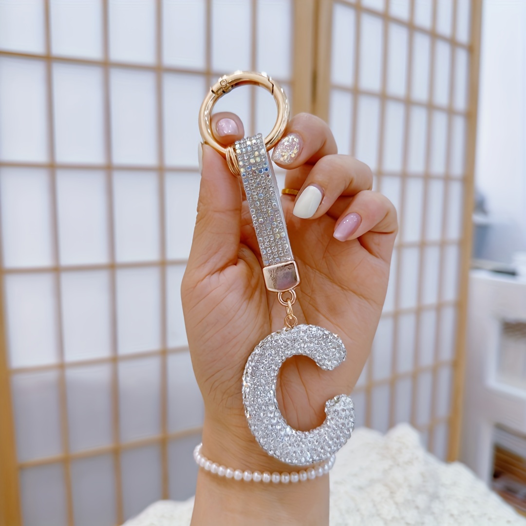 TEMU Sparkling Rhinestone Alphabet Keychain - Lucky Crystal Pendant, Shiny Alloy Charm For Bags & Backpacks - Perfect Gift For Birthdays & Special Occasions