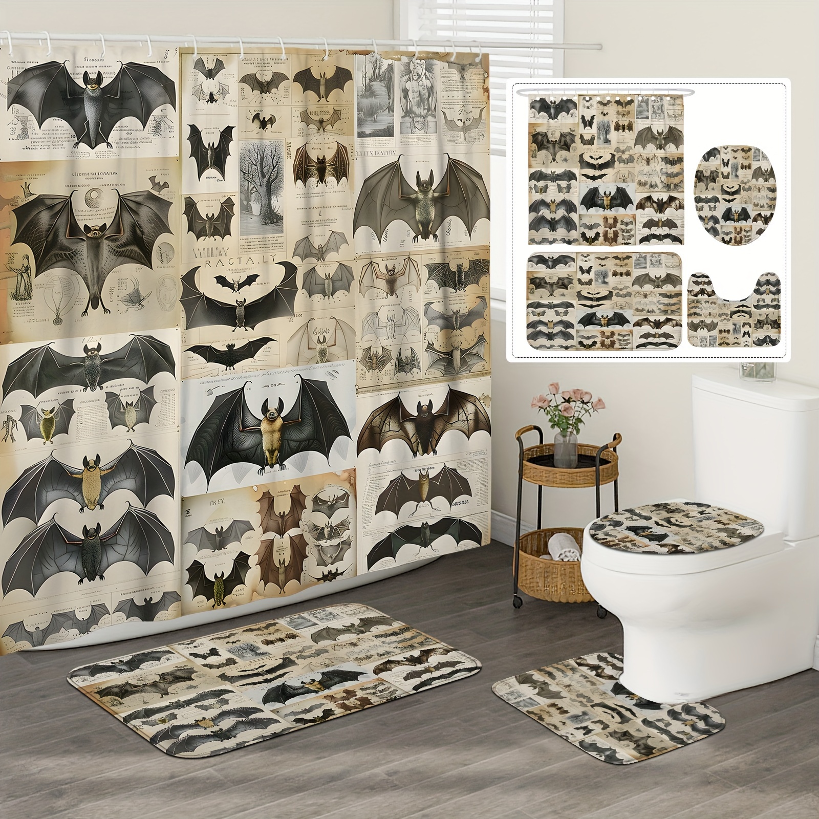 

Vintage Halloween Bat Shower Curtain Set With Bath Mat, U-shape Toilet Mat, Lid Cover | Water-resistant Polyester Decor With 12 Hooks | Spooky Bathroom Decor | Machine Washable | Horror Theme