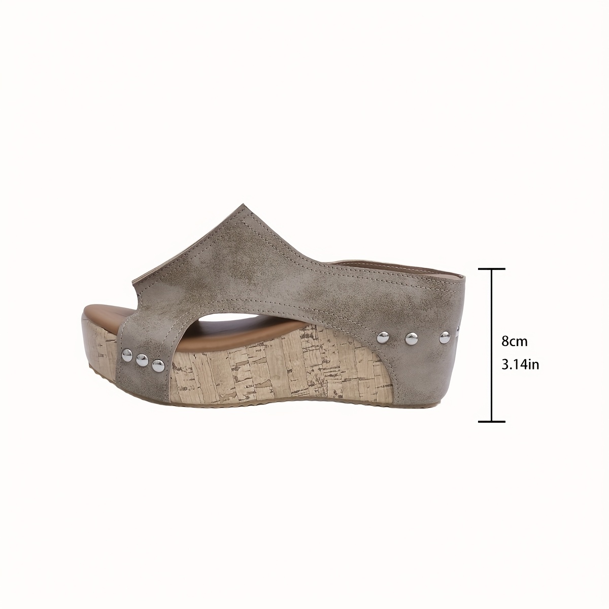 Women's Casual Summer Wedge Sandals - Open Toe, Slip-On Platform with Metallic Studs & Stitching Details, Black Faux Cover, Comfortable Outdoor Footwear for Casual Attire, Ladies Sandals