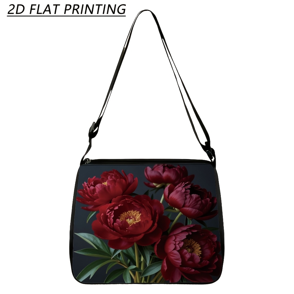 TEMU 1pc Women's Shoulder Bag, Zipper Closure, Adjustable Strap, Peony Print, Elegant Purse For Parties And Special Occasions