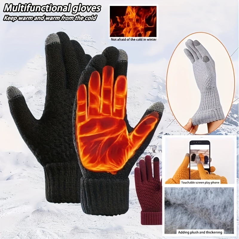 Knit Windproof Skiing Gloves Mittens for Women Men Adults Running Hiking  Fishing Black 