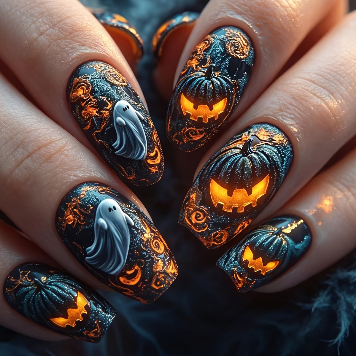 TEMU Halloween Style Court 24pcs Effet Brillant Faux Ongles Noirs Tête de Citrouille Nail Art Motif Autocollants pour Ongles Pratiques Amovibles