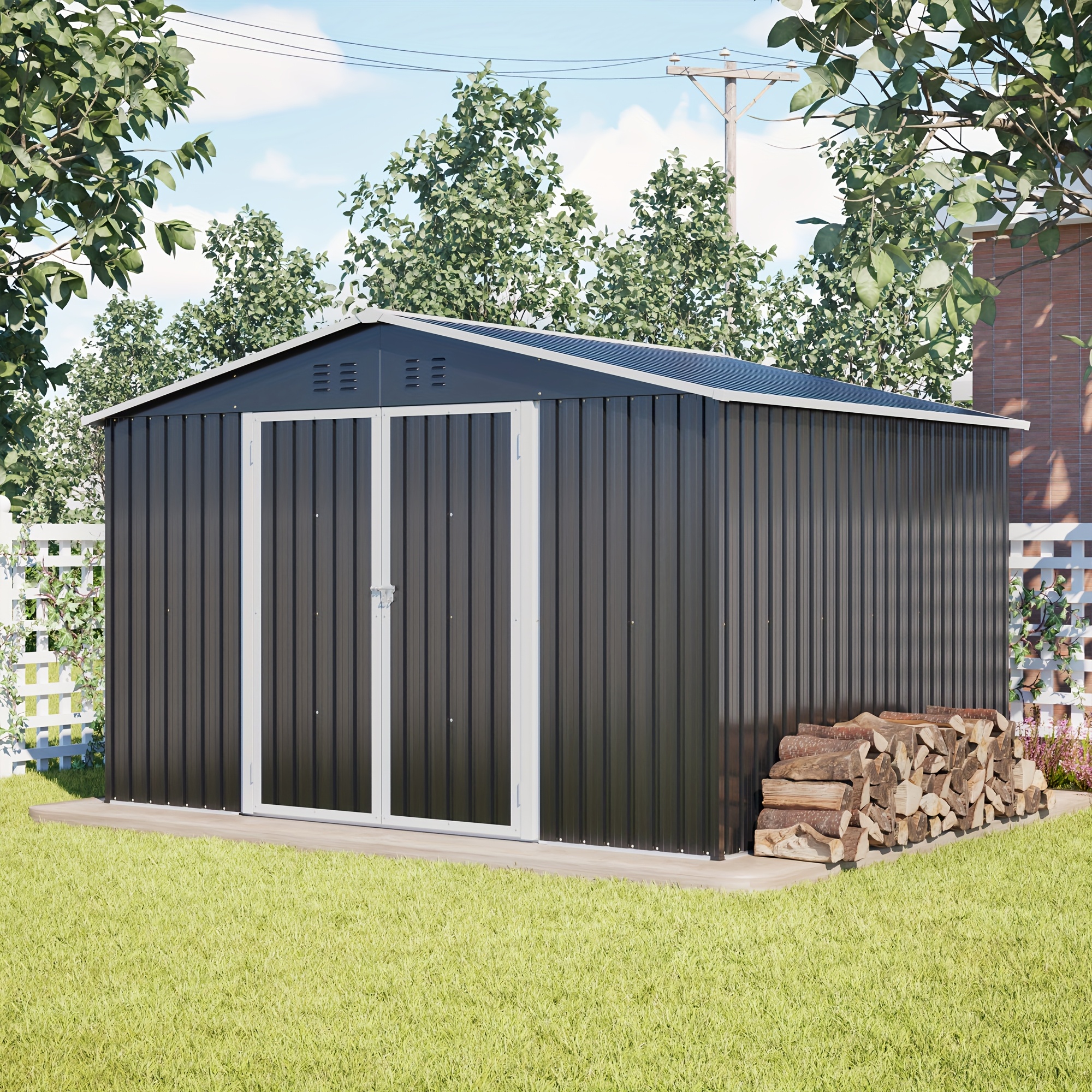 Image of Outdoor Tool Shed, Galvanized Steel Garden Shed, Temporary Erection, Outdoor Storage Shed With Base Frame, Disassembled, Suitable For Patios, , And Lawns, 300 X 252 X 191 Cm, (gray/black)