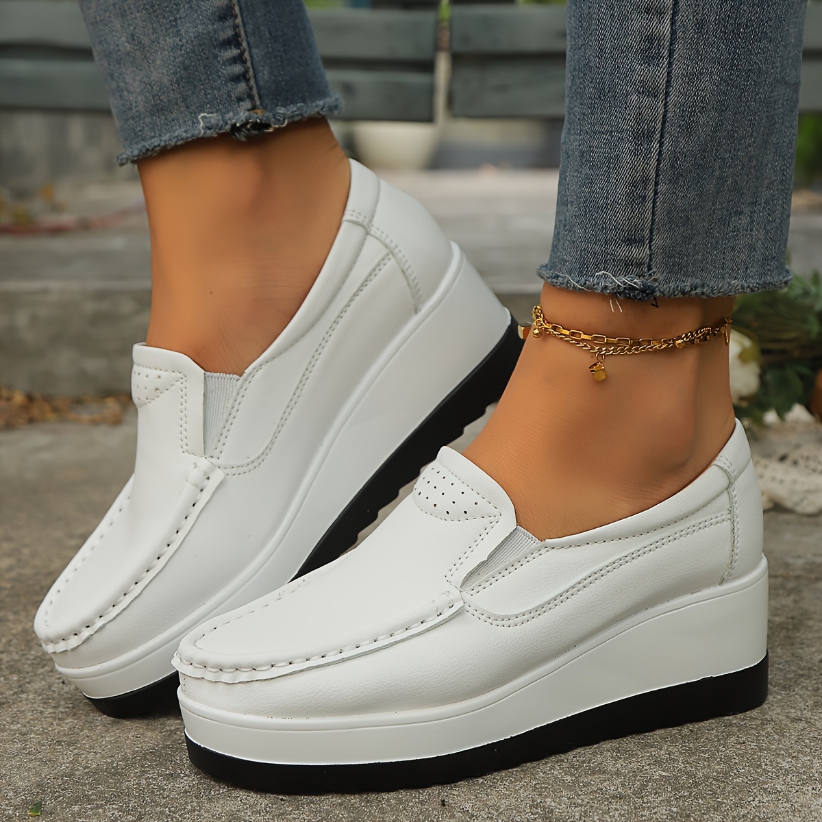 comfortable and elegant slip on womens wedge loafers featuring soft black thick soles for height increase and slip   suitable for casual wear in   with detailed stitching 5