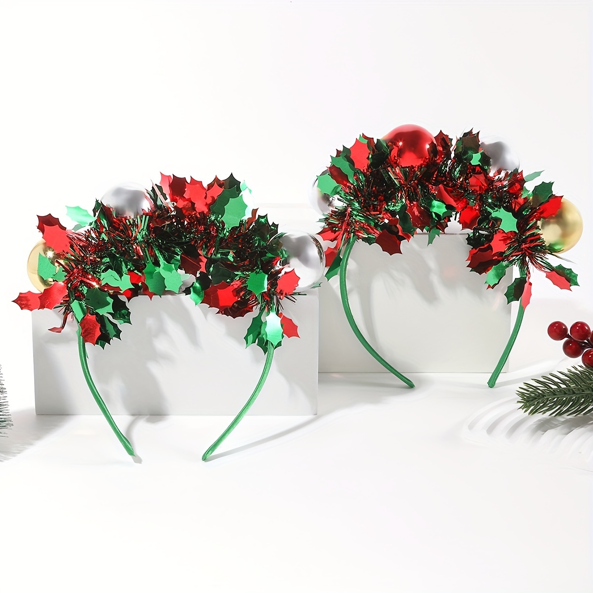 

2pcs Christmas Headbands - Festive Elf Theme Party Hair Accessories With Red & Green Ribbon And Baubles - Seasonal Hand Wash Only Plastic Headwear Without Feathers For Decoration