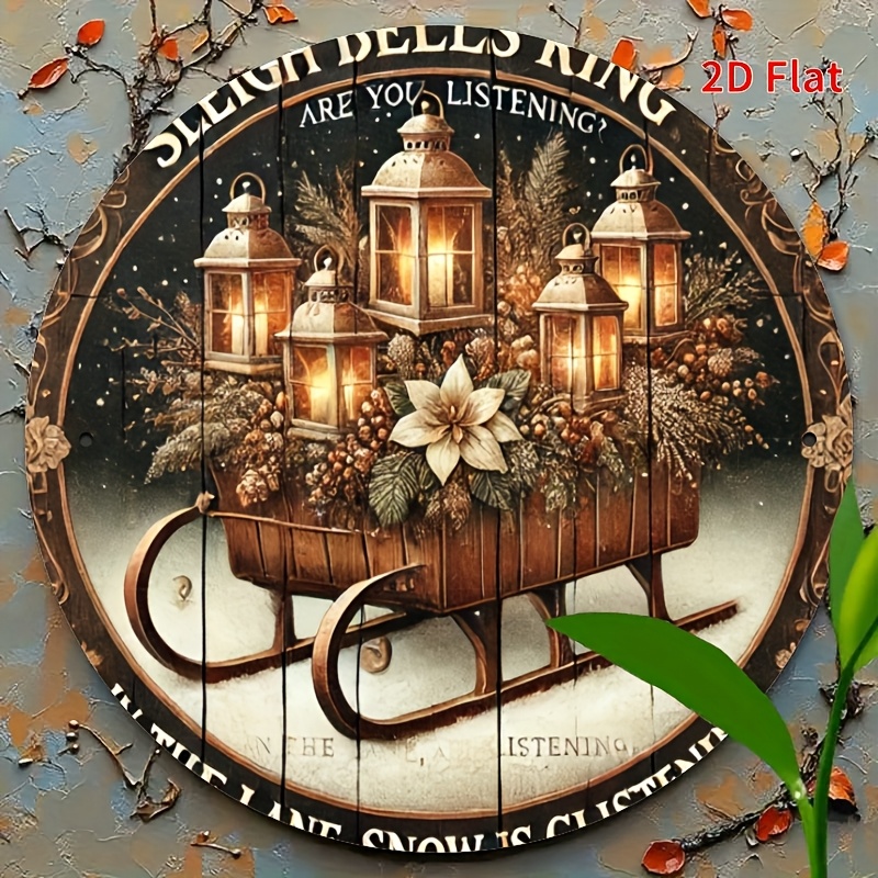 TEMU [2d Flat] A Round Metal Wall Sign Featuring A Christmas Wreath Design, A Sleigh Wreath Emblem, A Wreath Sign, A Rustic Christmas Decoration, A